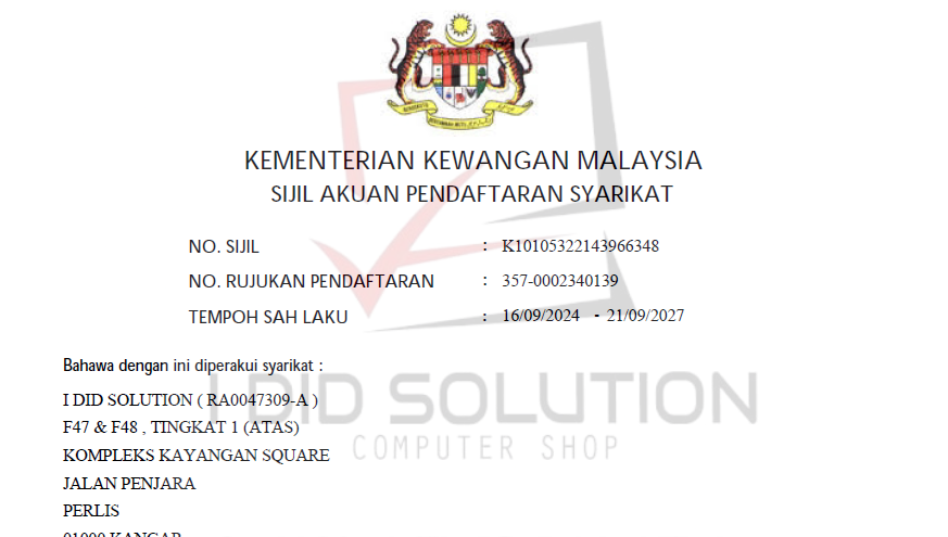Pengiktirafan Rasmi: Pembaharuan Sijil Akuan Pendaftaran Kementerian Kewangan Malaysia (MOF)