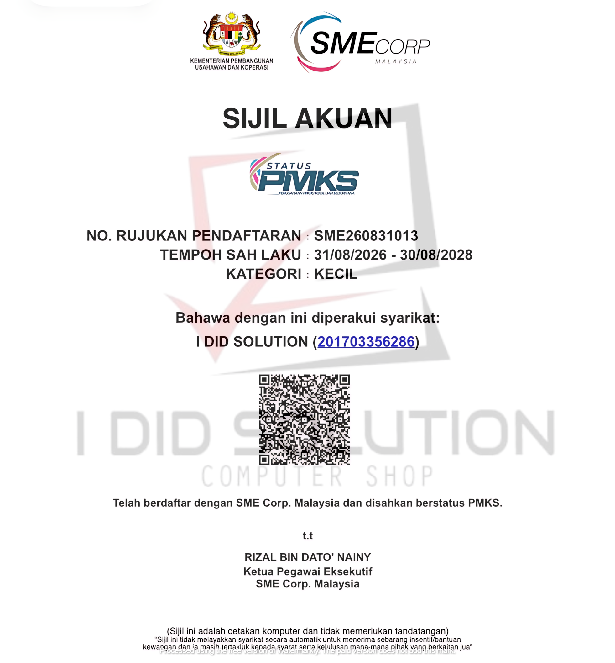 Pengumuman Rasmi: I DID SOLUTION Kini Sah Berdaftar Di Bawah SME Corp Malaysia (Status PMKS)